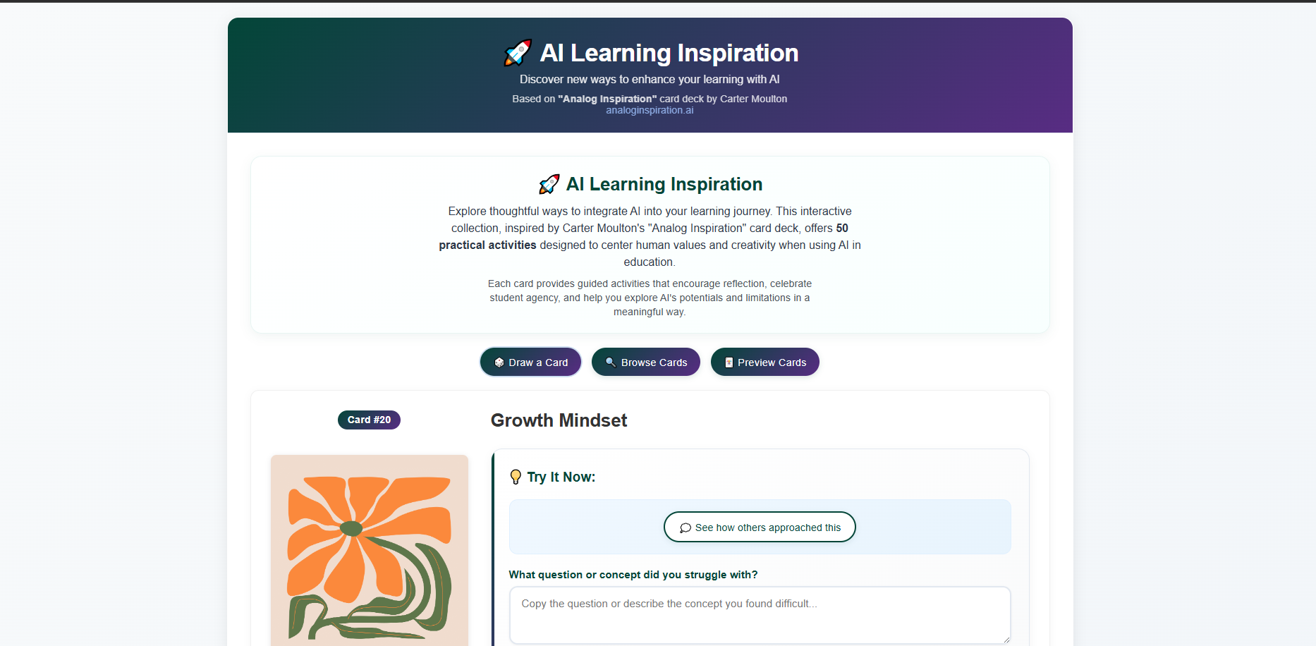 AI Learning Inspiration interface showing activity navigation and a Growth Mindset learning card