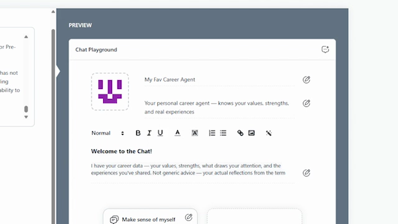Preview of the MBA Career Agent showing its personalized welcome message and self-reflection starter